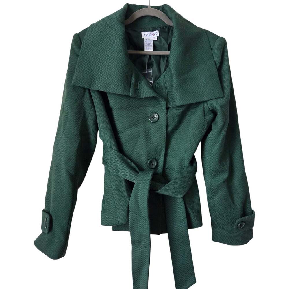 NEW Jg Hook Green Belted Short Trench Coat Jacket Funnel Wide Collar Womens 14